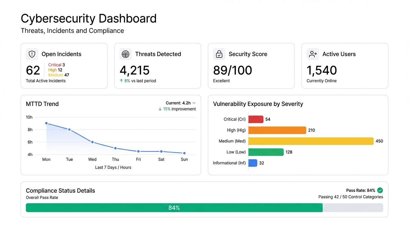 Cybersecurity Dashboard: Monitor Threats, Incidents, and Compliance in One View