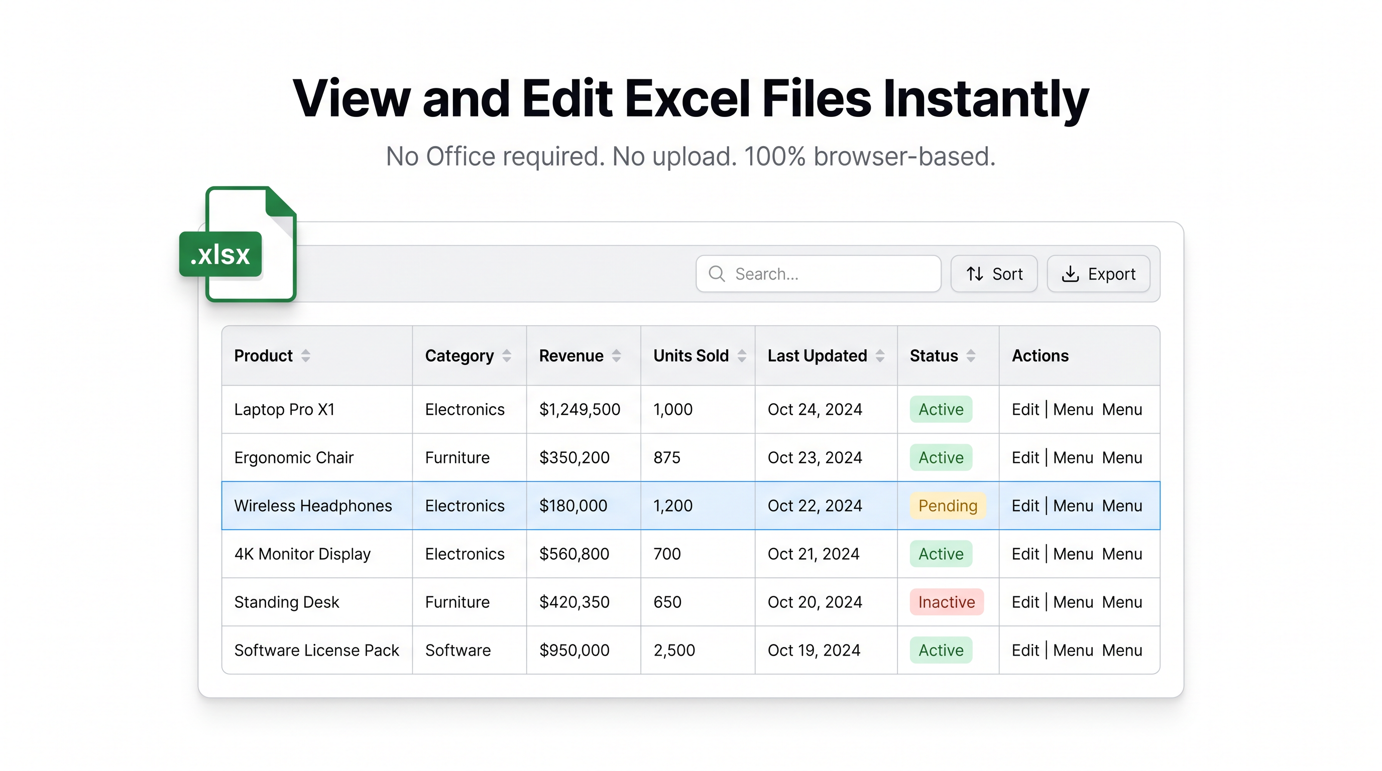 Free Online Excel Viewer & Editor — No Office, No Upload